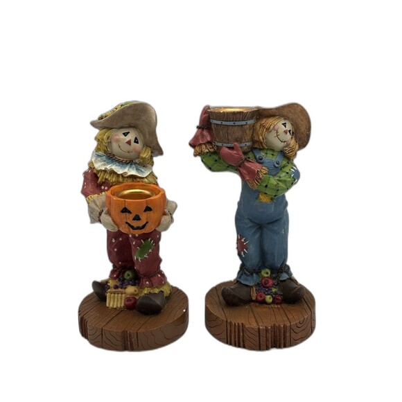 Kenyield Fall Decor Halloween Scarecrow Taper Candle Holders Set Of 2 Heavy - Picture 1 of 10